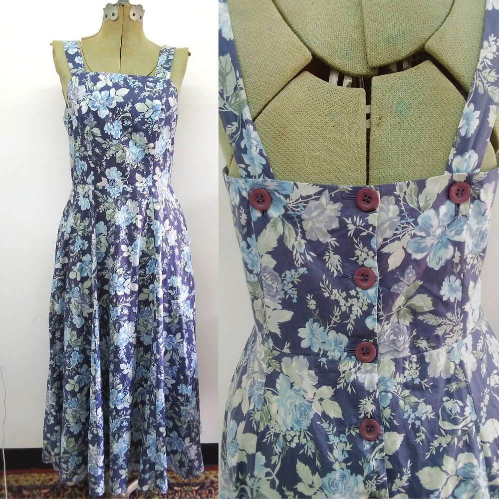 Vintage 80s/90s Laura Ashley Blue Floral Dress Button Back Sundress